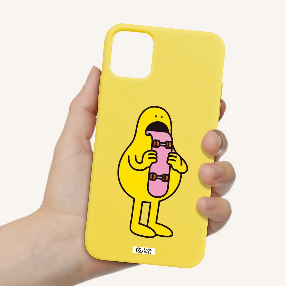 a cartoon character holding a skateboard Apple iPhone 11 Silicone canary yellow Case