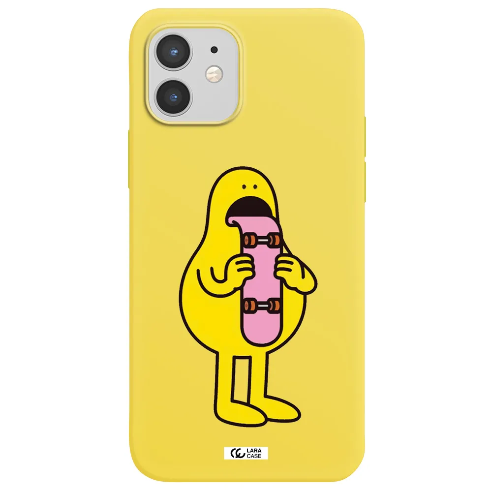 a cartoon character holding a skateboard Apple iPhone 12 mini Silicone canary yellow Case