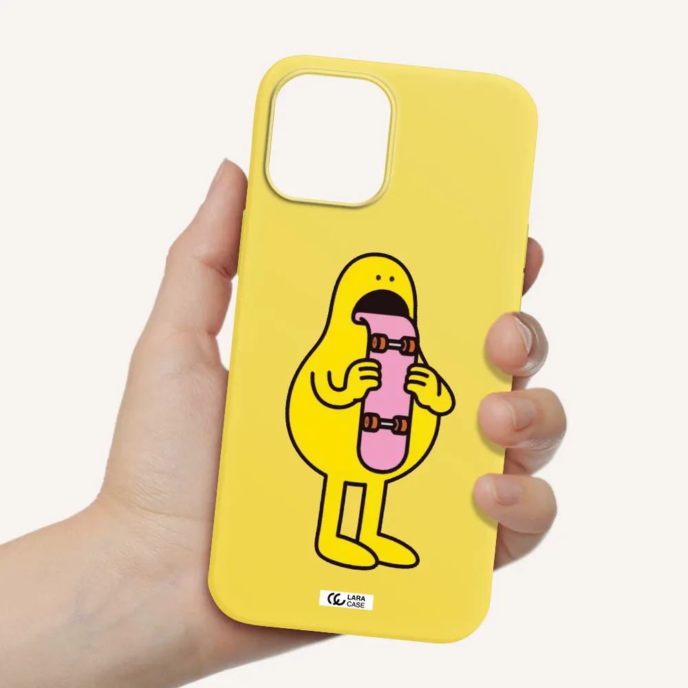 a cartoon character holding a skateboard Apple iPhone 12 pro max Silicone canary yellow Case
