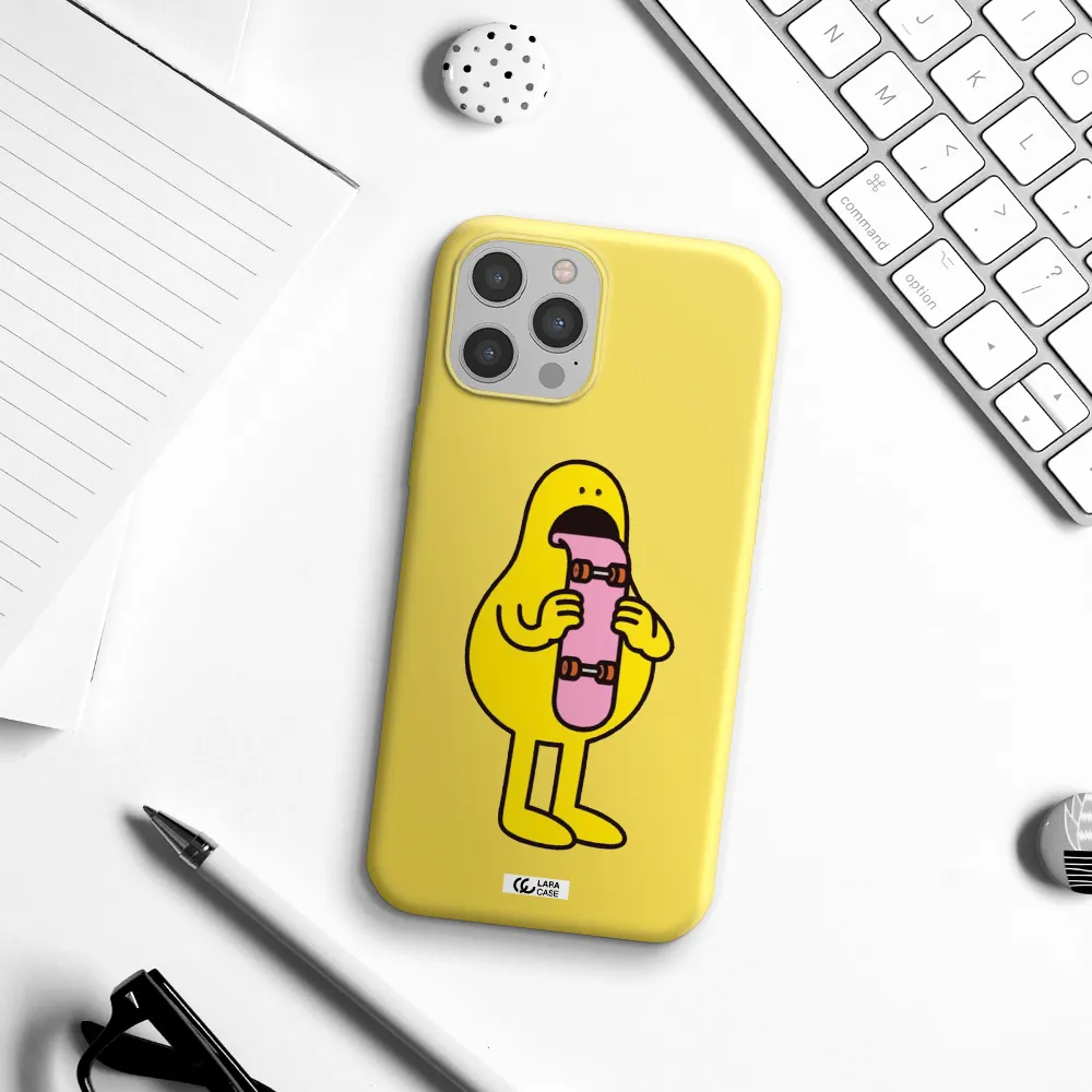 a cartoon character holding a skateboard Apple iPhone 12 pro max Silicone canary yellow Case