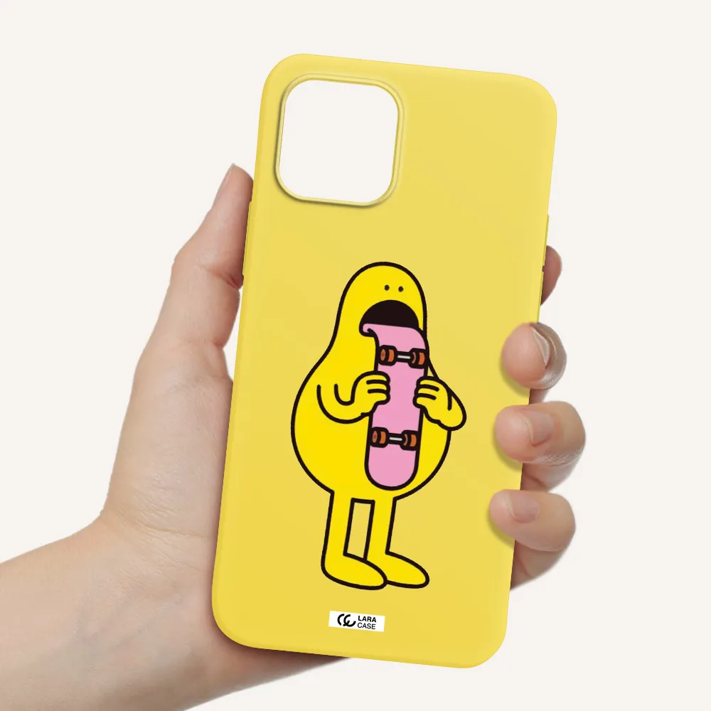 a cartoon character holding a skateboard Apple iPhone 12 Silicone canary yellow Case