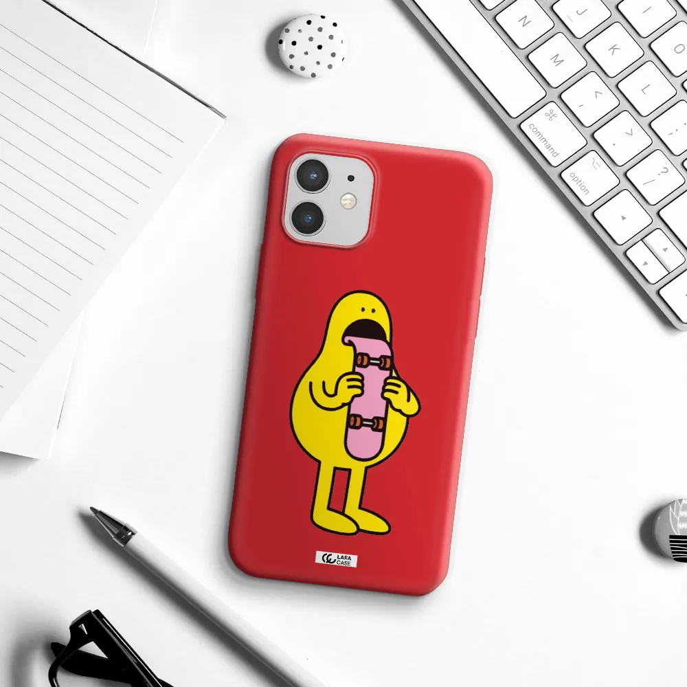 a cartoon character holding a skateboard Apple iPhone 12 Silicone Imperial Red Case