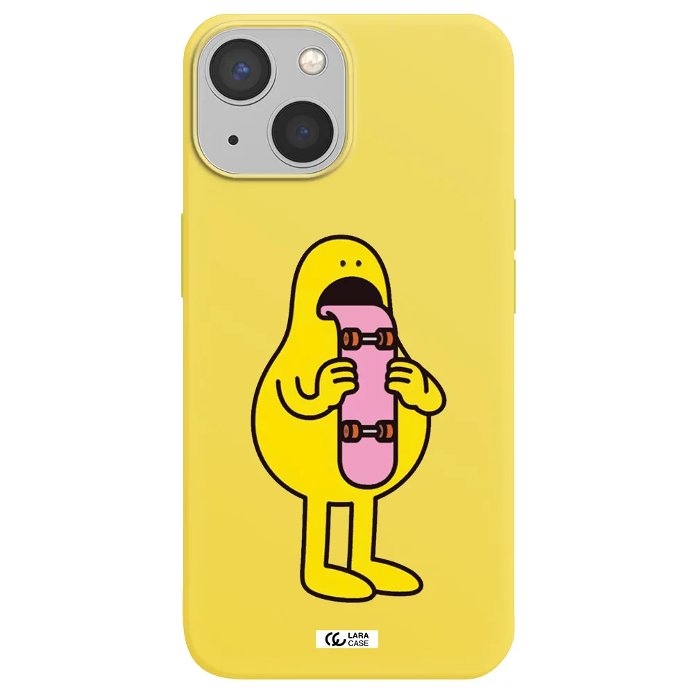 a cartoon character holding a skateboard Apple iPhone 13 mini Silicone canary yellow Case