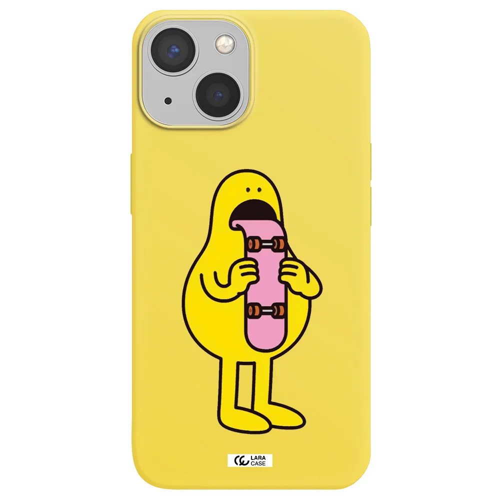 a cartoon character holding a skateboard Apple iPhone 13 Silicone canary yellow Case