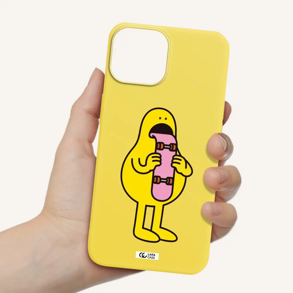 a cartoon character holding a skateboard Apple iPhone 13 Silicone canary yellow Case