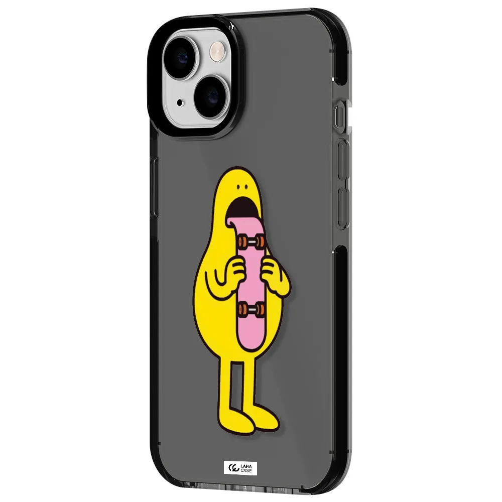 a cartoon character holding a skateboard Apple iPhone 14 impact Smoke Black Case