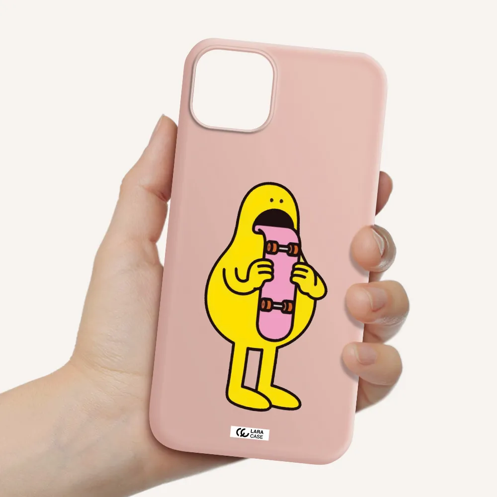 a cartoon character holding a skateboard Apple iPhone 14 plus Silicone pastel pink Case