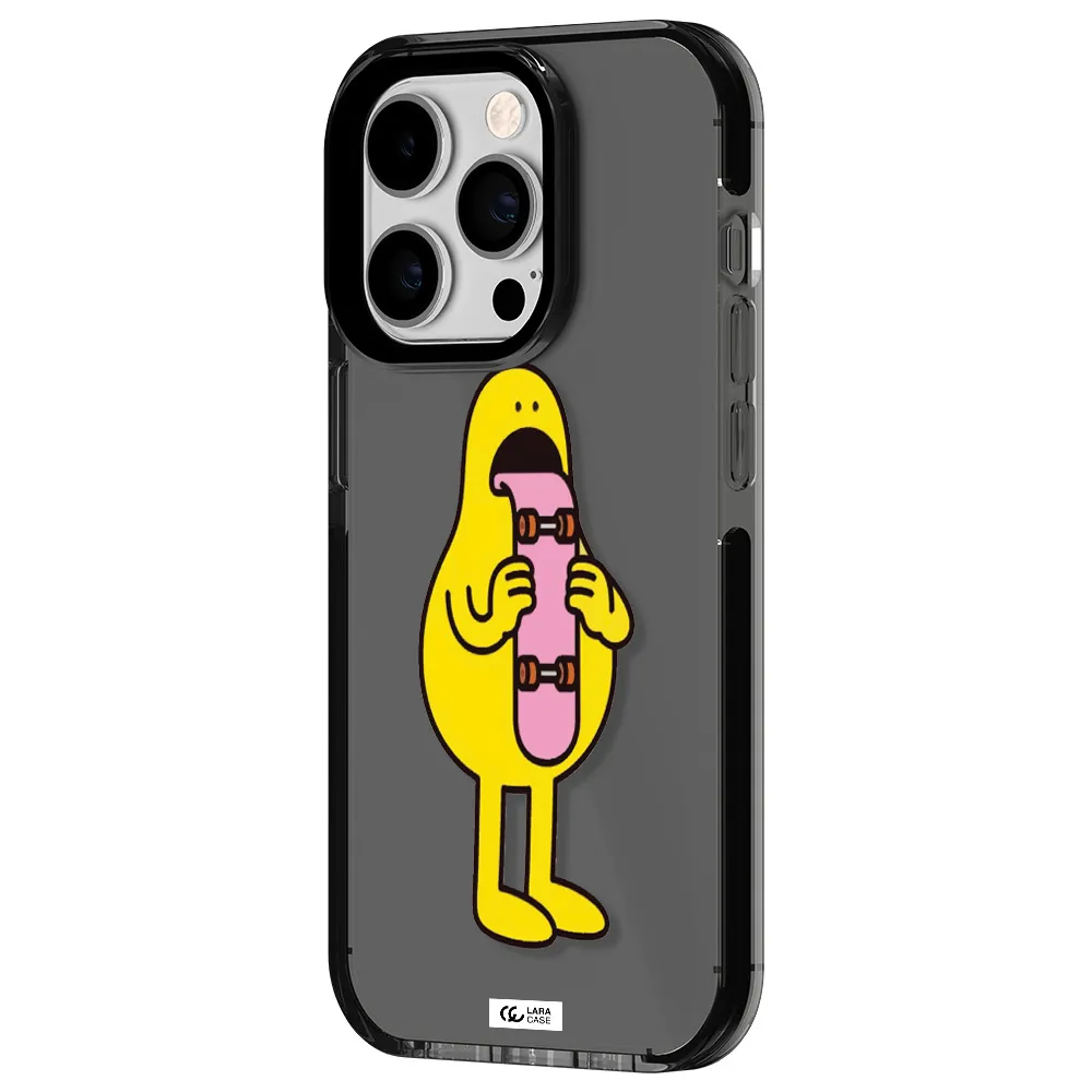 a cartoon character holding a skateboard Apple iPhone 14 pro impact Smoke Black Case