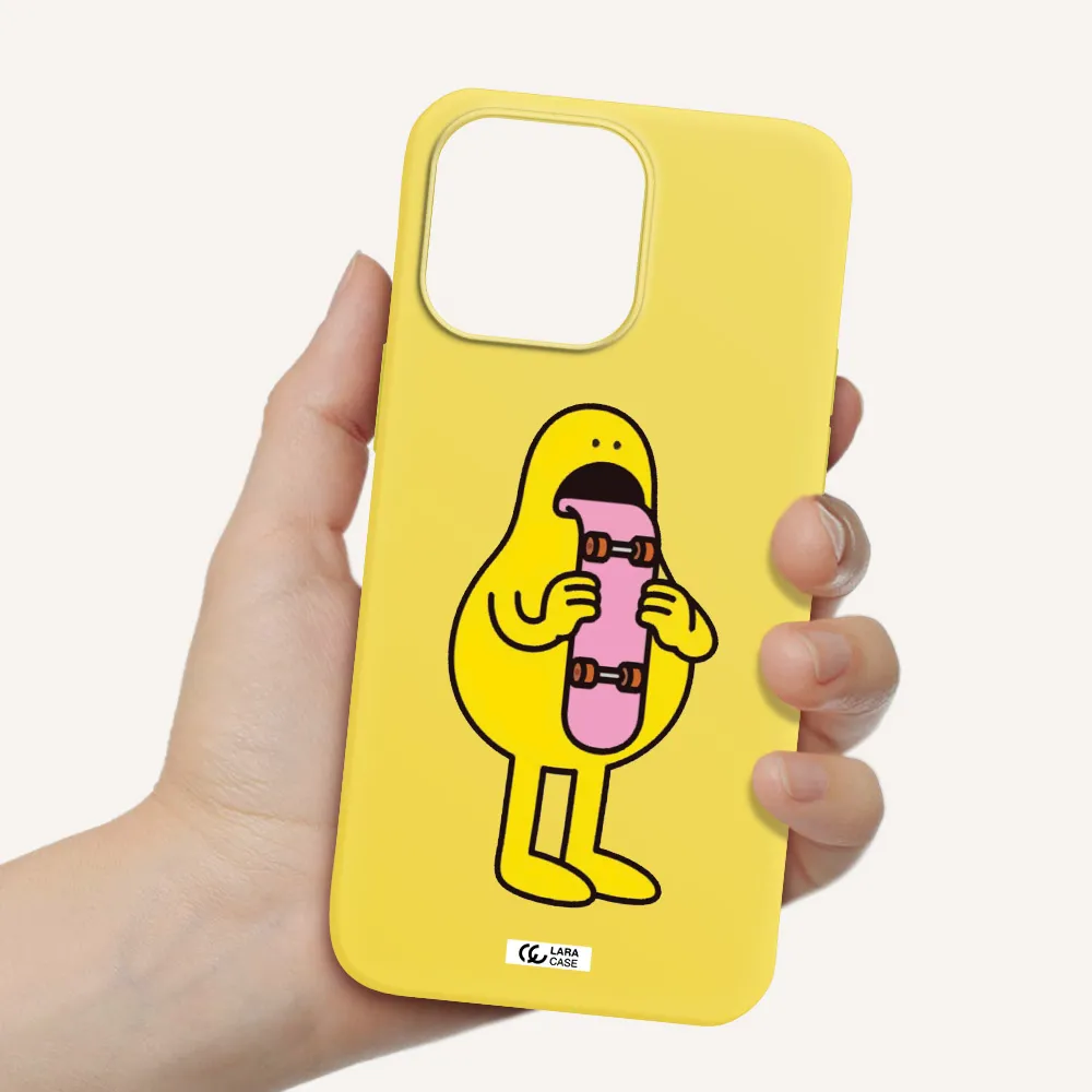 a cartoon character holding a skateboard Apple iPhone 14 pro max Silicone canary yellow Case