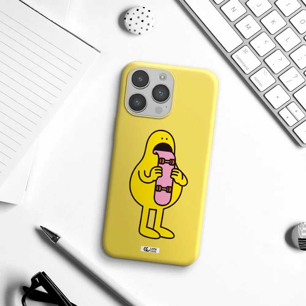 a cartoon character holding a skateboard Apple iPhone 14 pro max Silicone canary yellow Case