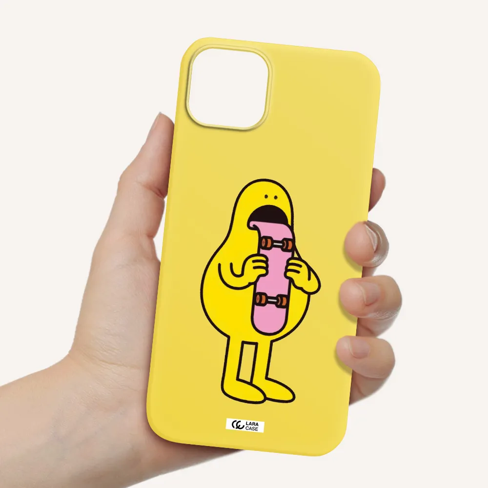 a cartoon character holding a skateboard Apple iPhone 14 Silicone canary yellow Case