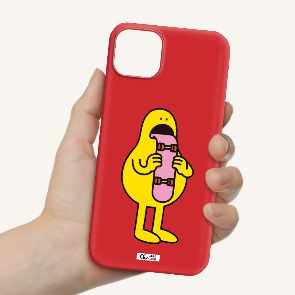 a cartoon character holding a skateboard Apple iPhone 14 Silicone Imperial Red Case