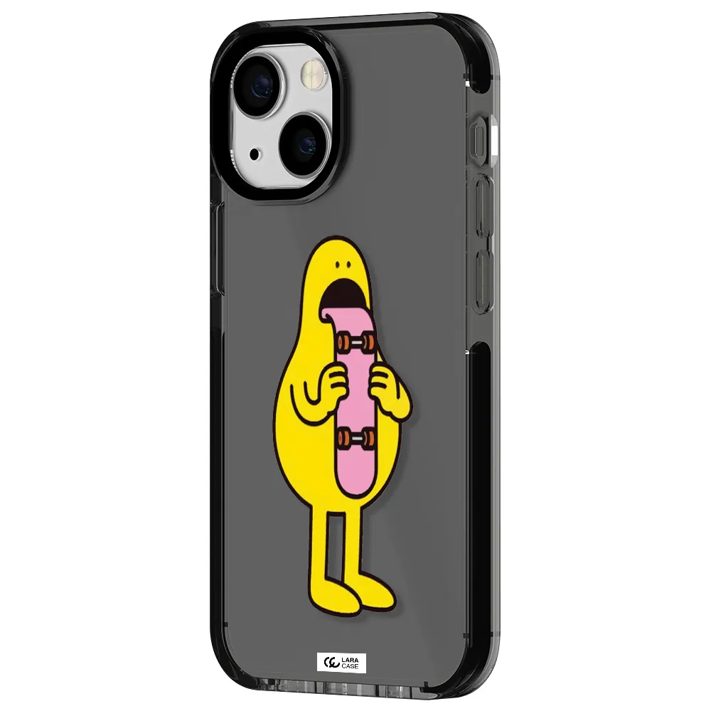 a cartoon character holding a skateboard Apple iPhone 15 impact Smoke Black Case