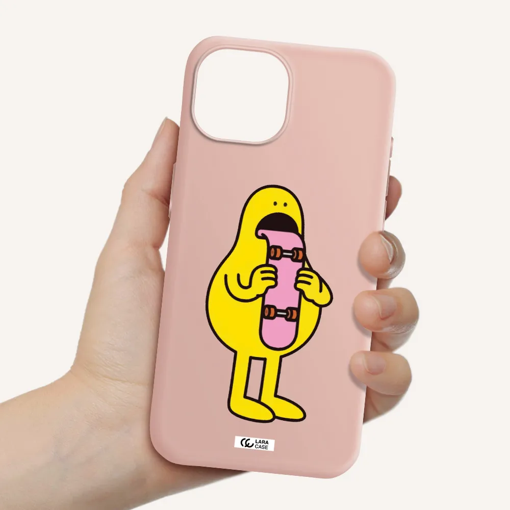 A Cartoon Character Holding A Skateboard Apple Iphone 15 Silicone Pastel Pink Case