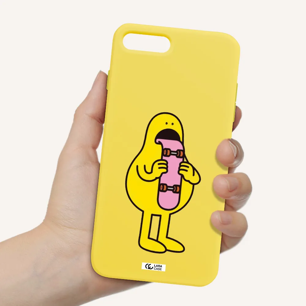 a cartoon character holding a skateboard Apple iPhone 8 plus Silicone canary yellow Case