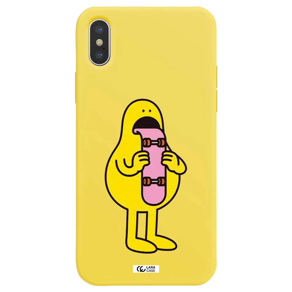a cartoon character holding a skateboard Apple iPhone XS Silicone canary yellow Case