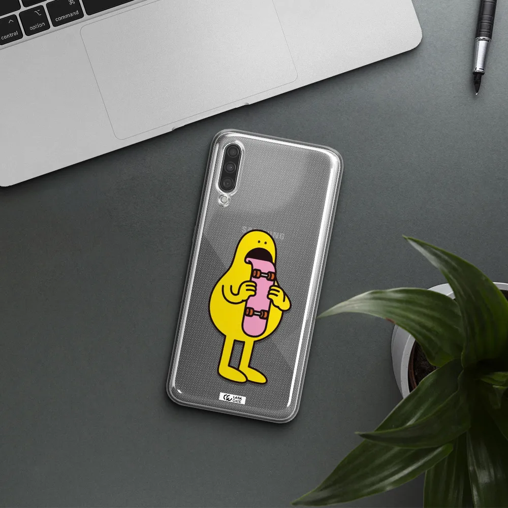 a cartoon character holding a skateboard Samsung A30S Clear TPU Case