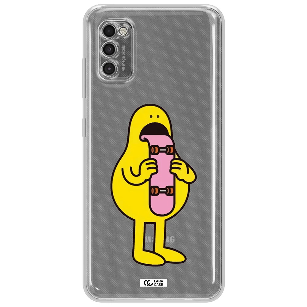 A Cartoon Character Holding A Skateboard Samsung A41 Clear Tpu Case