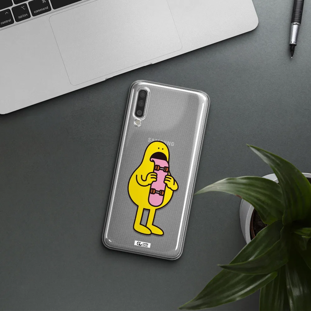 a cartoon character holding a skateboard Samsung A70 Clear TPU Case