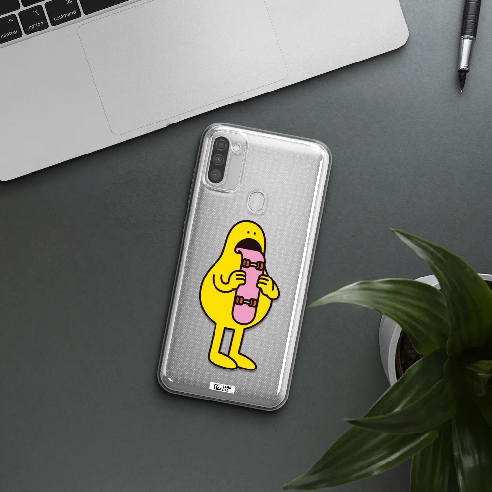 a cartoon character holding a skateboard Samsung M11 Clear TPU Case