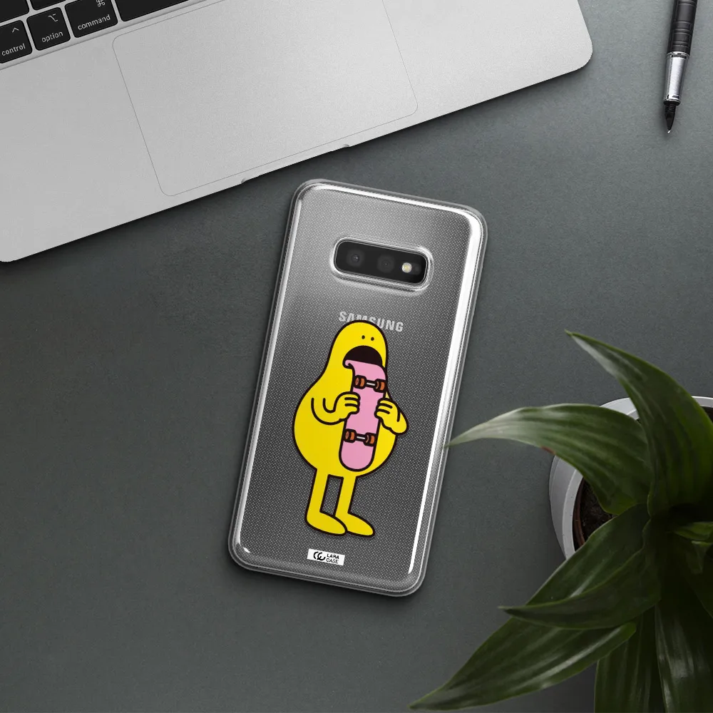 a cartoon character holding a skateboard Samsung S10e Clear TPU Case