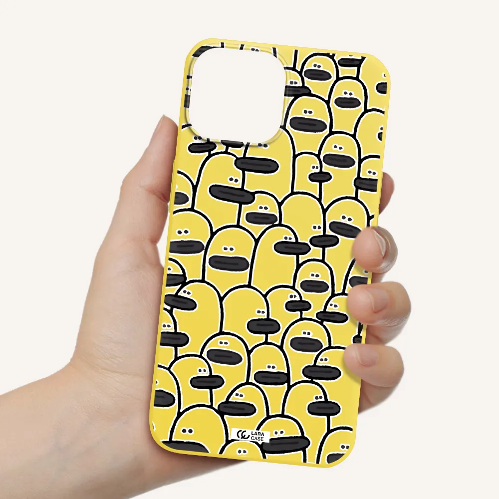 a group of white and black cartoon characters Apple iPhone 13 mini Silicone canary yellow Case