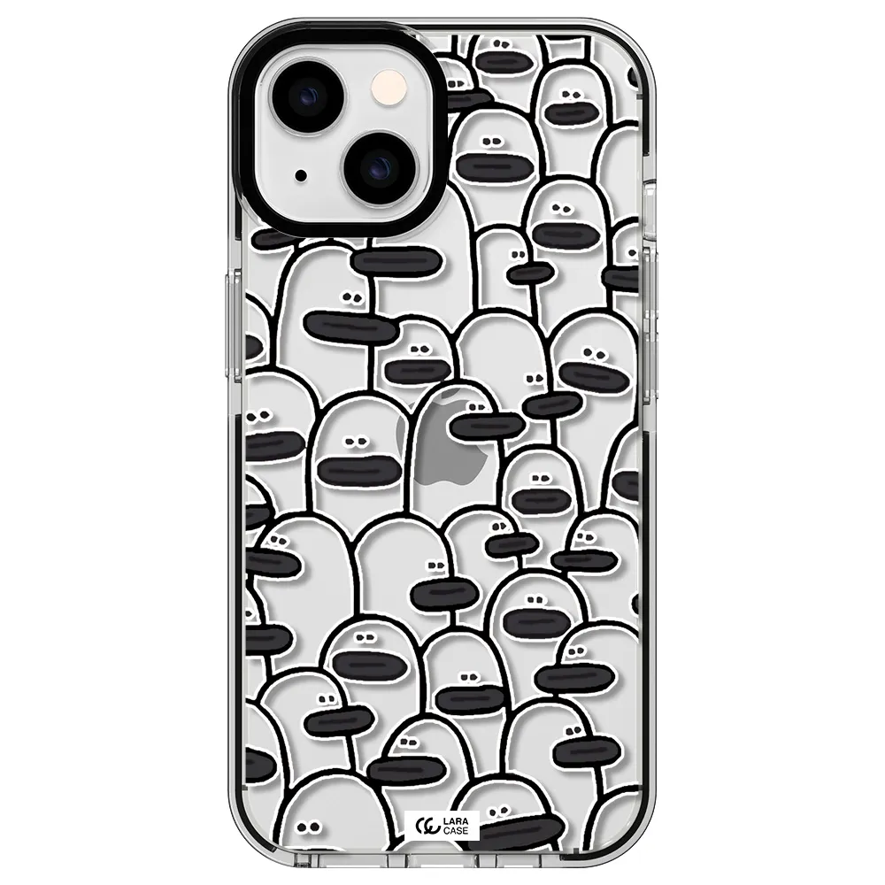 a group of white and black cartoon characters Apple iPhone 14 impact black border Case