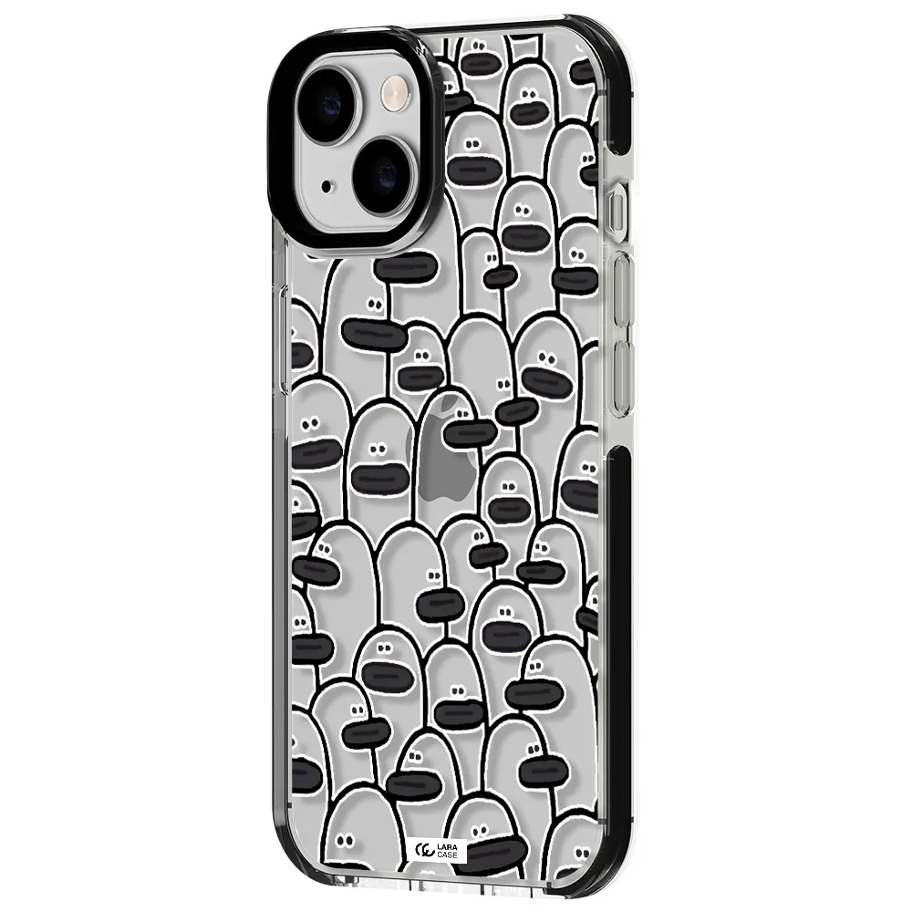 a group of white and black cartoon characters Apple iPhone 14 impact black border Case