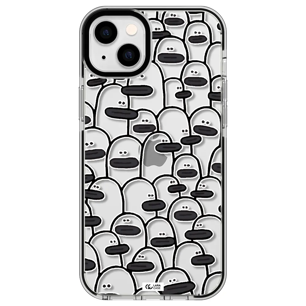a group of white and black cartoon characters Apple iPhone 14 plus impact black border Case