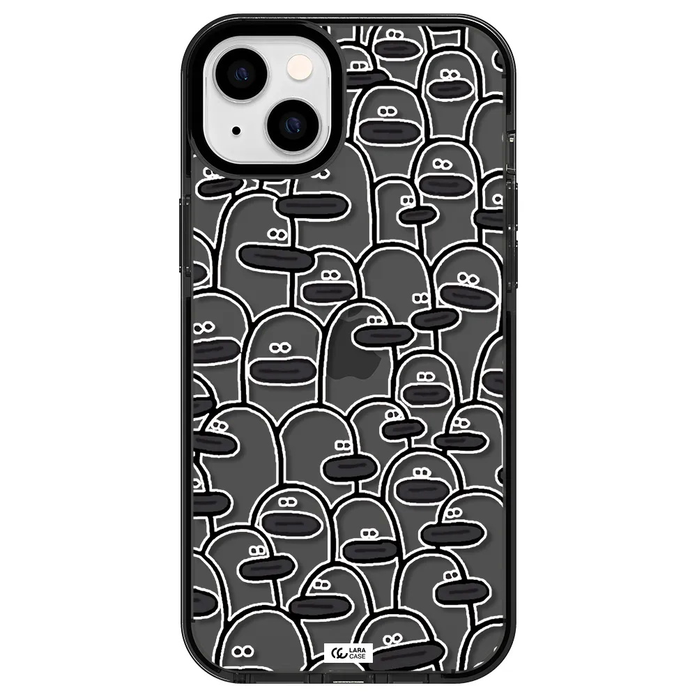 a group of white and black cartoon characters Apple iPhone 14 plus impact Smoke Black Case