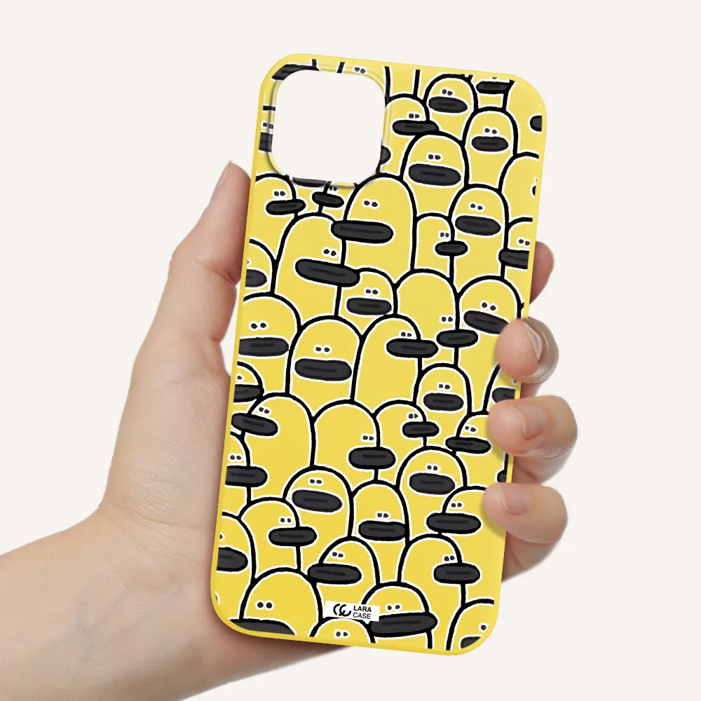 a group of white and black cartoon characters Apple iPhone 14 plus Silicone canary yellow Case