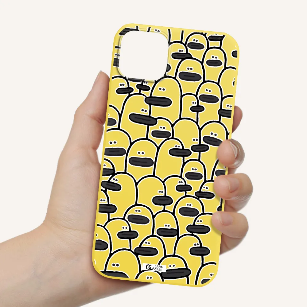 a group of white and black cartoon characters Apple iPhone 14 Silicone canary yellow Case