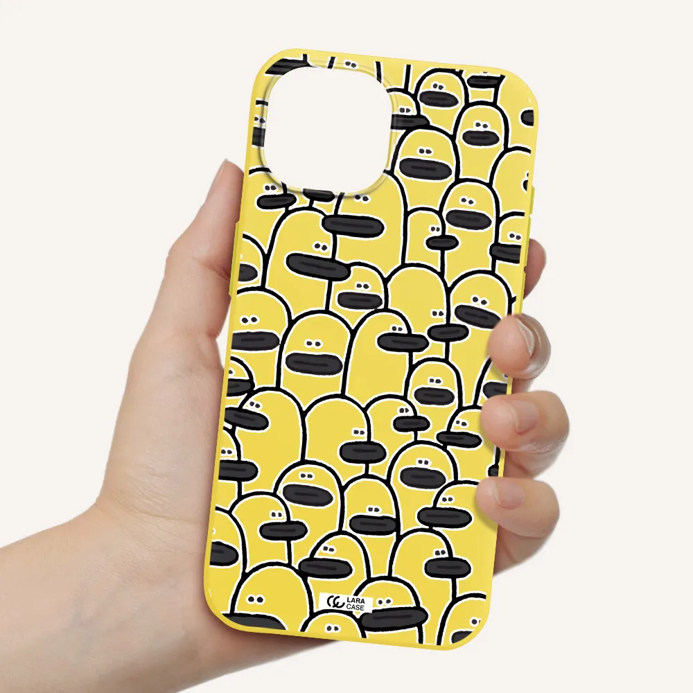 a group of white and black cartoon characters Apple iPhone 15 Silicone canary yellow Case