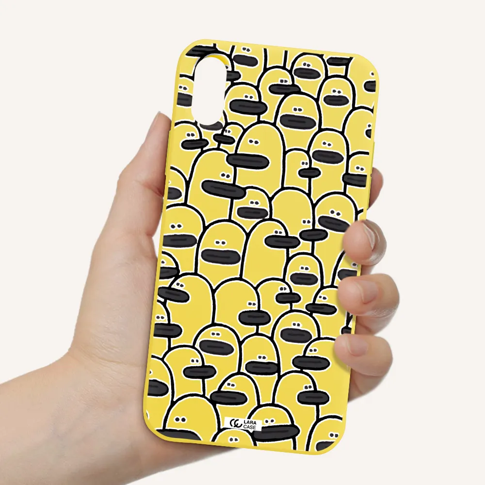 a group of white and black cartoon characters Apple iPhone XS Silicone canary yellow Case