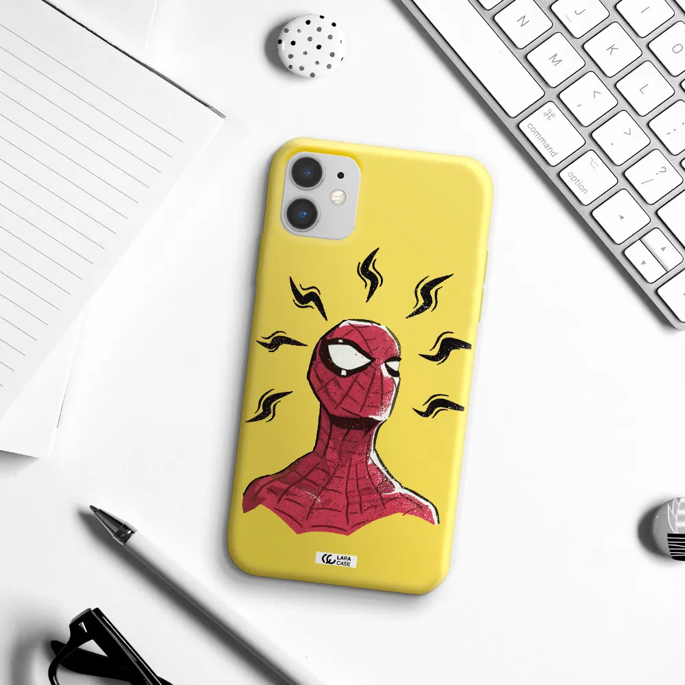 a cartoon of a red spider man Apple iPhone 11 Silicone canary yellow Case
