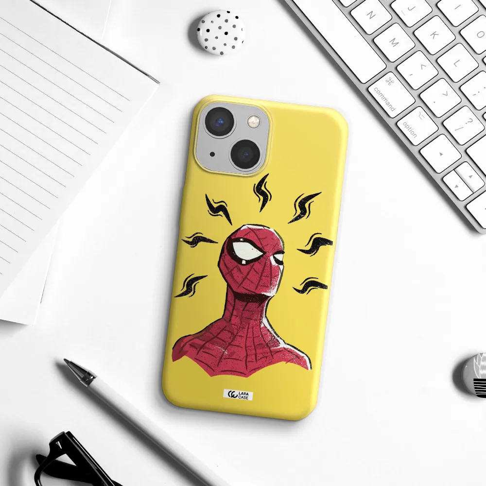 a cartoon of a red spider man Apple iPhone 13 Silicone canary yellow Case