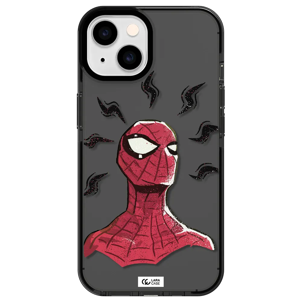 a cartoon of a red spider man Apple iPhone 14 impact Smoke Black Case