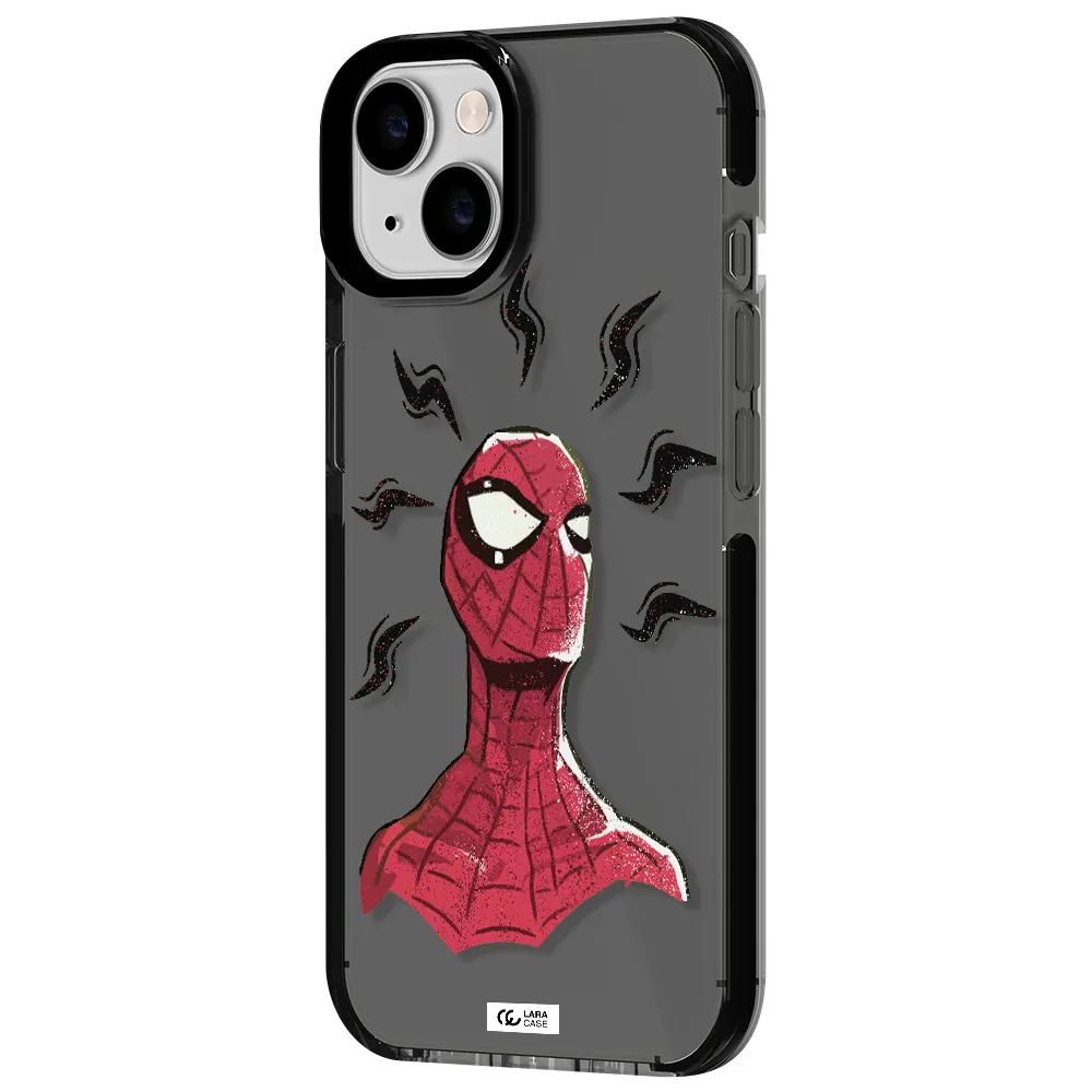 a cartoon of a red spider man Apple iPhone 14 impact Smoke Black Case