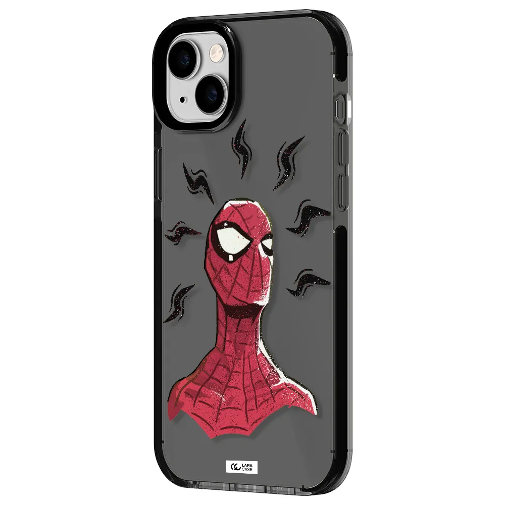 a cartoon of a red spider man Apple iPhone 14 plus impact Smoke Black Case