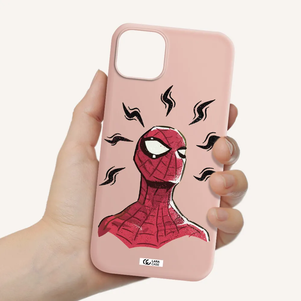 a cartoon of a red spider man Apple iPhone 14 plus Silicone pastel pink Case