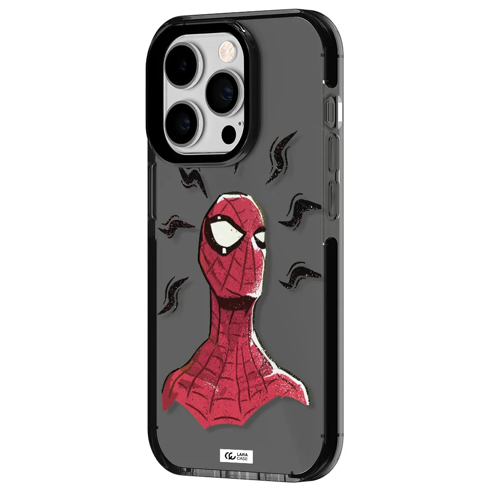 a cartoon of a red spider man Apple iPhone 14 pro impact Smoke Black Case