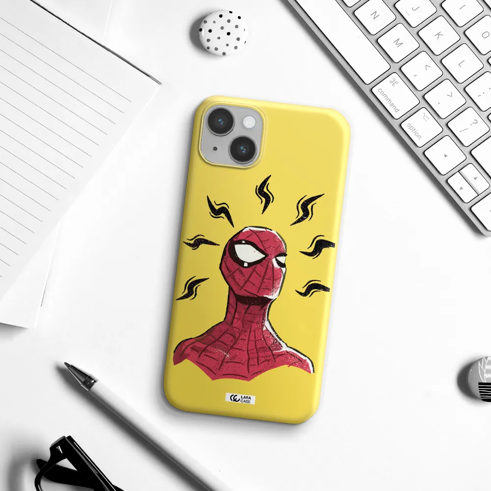 a cartoon of a red spider man Apple iPhone 14 Silicone canary yellow Case