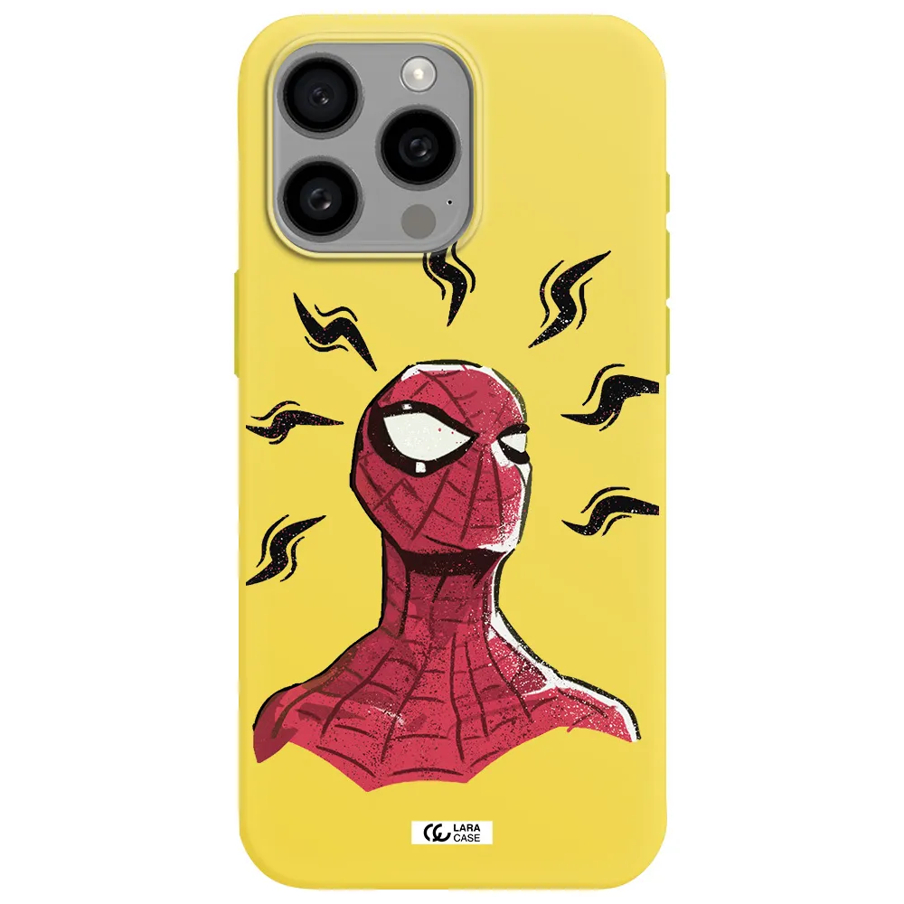 a cartoon of a red spider man Apple Iphone 15 Pro max Silicone canary yellow Case
