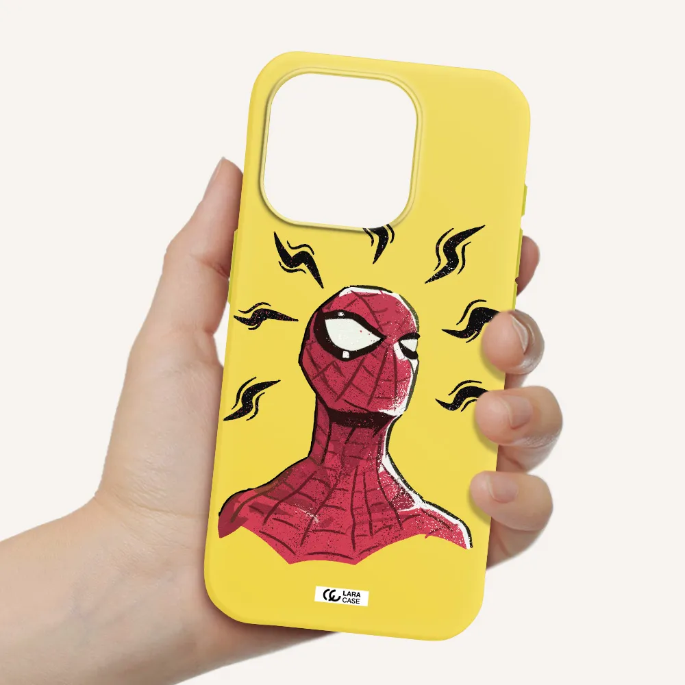 A Cartoon Of A Red Spider Man Apple Iphone 15 Pro Silicone Canary Yellow Case