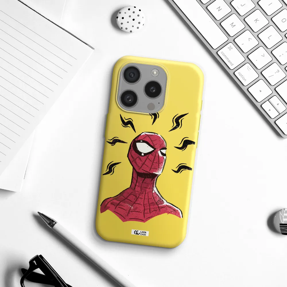 A Cartoon Of A Red Spider Man Apple Iphone 15 Pro Silicone Canary Yellow Case