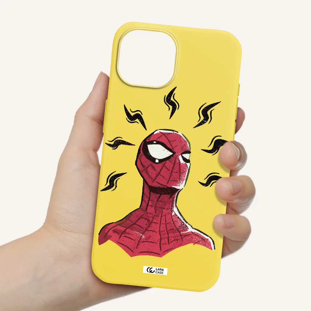 a cartoon of a red spider man Apple iPhone 15 Silicone canary yellow Case