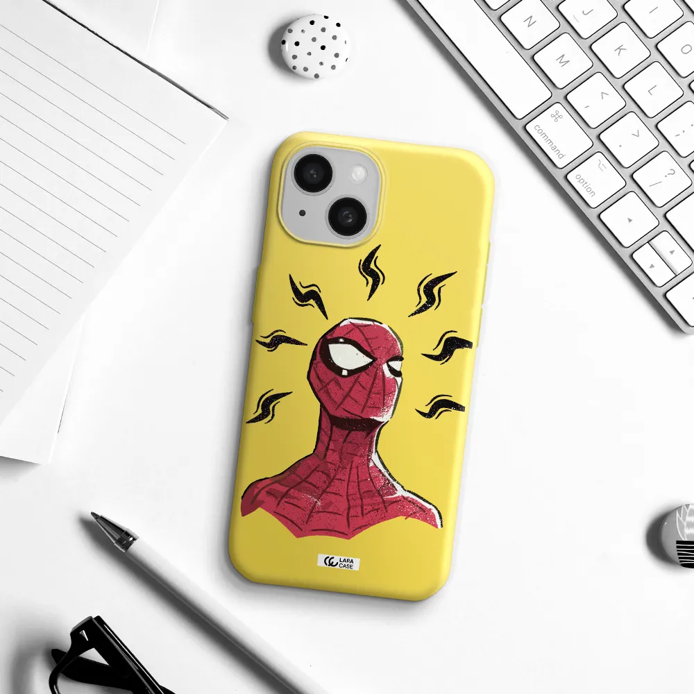 a cartoon of a red spider man Apple iPhone 15 Silicone canary yellow Case