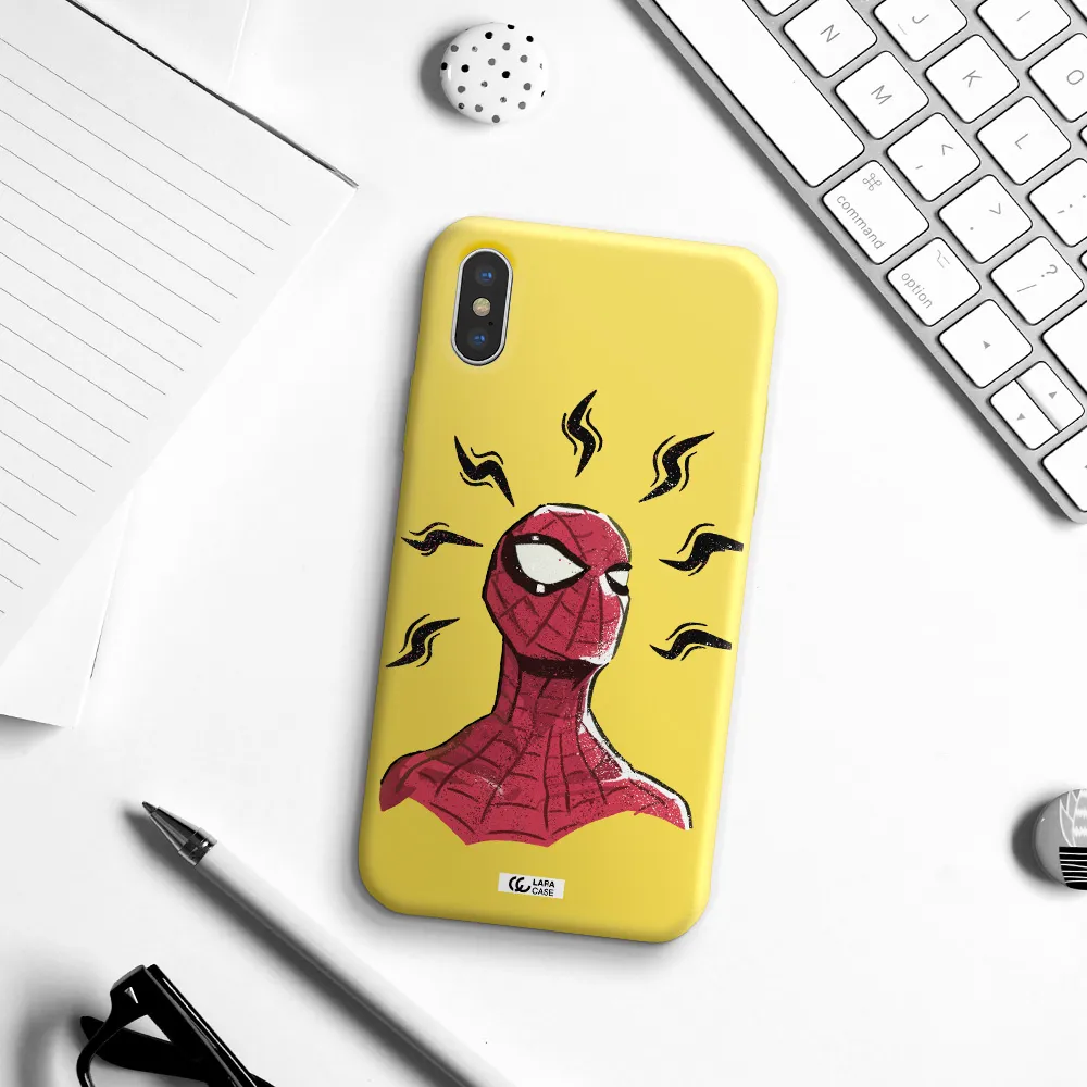 a cartoon of a red spider man Apple iPhone XS Silicone canary yellow Case