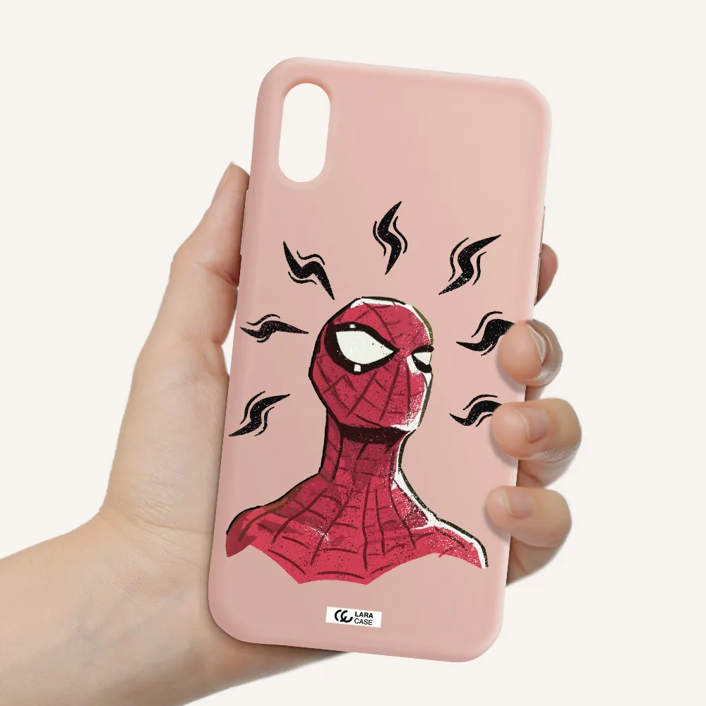 a cartoon of a red spider man Apple iPhone XS Silicone pastel pink Case