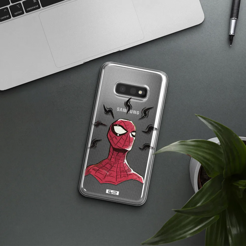 a cartoon of a red spider man Samsung S10e Clear TPU Case
